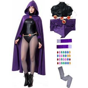 6PCS Raven Cosplay Costume Women's Halloween Raven Cosplay with Cape Belt Jumpsuit Tights Purple Uniform Suit (X-Large)