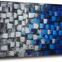 Large Textured Abstract Canvas Wall Art Hand Painted Modern Dark Blue and Silver Squares Oil Painting Picture for Home Decor and Office Decor Framed Ready to Hang 60x30inch