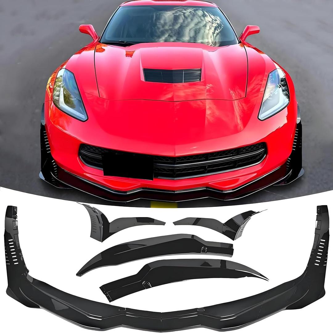 Front Bumper Lip Splitter Spoiler + Side Winglets Fit for Chevy Corvette C7 1LT/ 2LT/ 3LT/ Z06/ Z51/ Stingray/Grand Sport 2014-2019 Gloss Black 4pcs Exterior Accessories Air Chin Body Kit
