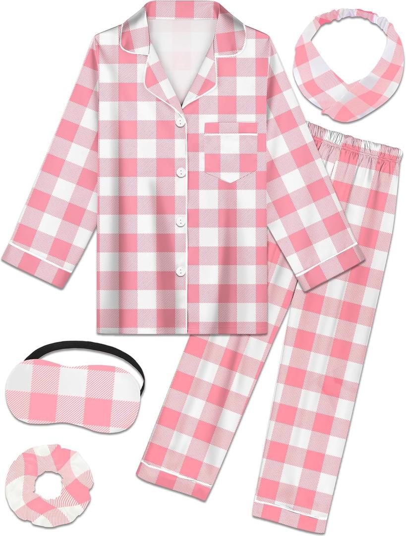 Kids Girl Pajama Set with Headband Blindfold Hair Tie Toddler Boy Girl Satin Silky Button-up Pajama Sleepwear (8-9 Years, Pink White Plaid-long)