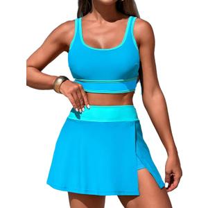 Women's High Waisted Bikini Sets Tummy Control Swim Skirt Two Piece Swim Suit Tummy Control Color Block Bathing Suit (Medium)