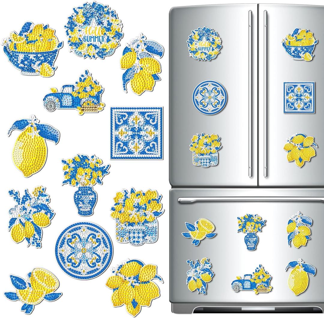Zonon 12 Pcs Refrigerator Diamond Painting Magnets Easy Diamond Art Painting Magnetic Stickers Kits Fridge Magnets for Adults DIY Home Decors(Blue Lemon)
