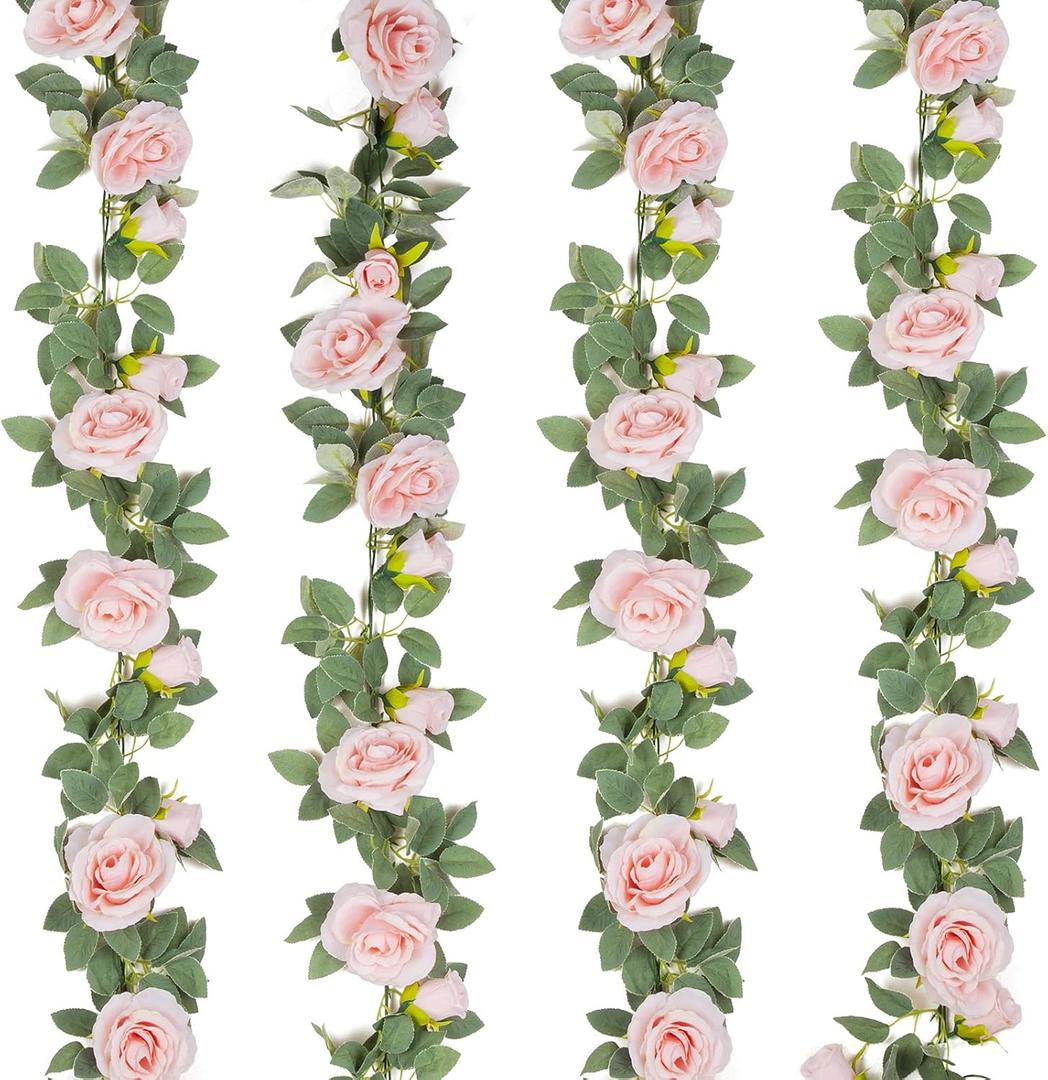TELDRASSIL 4Pcs(26 FT) Artificial Rose Vine Fake Flower Garland Fake Silk Rose Hanging Vine for Wedding Party Background Arch Garden Background Decoration (Pink)