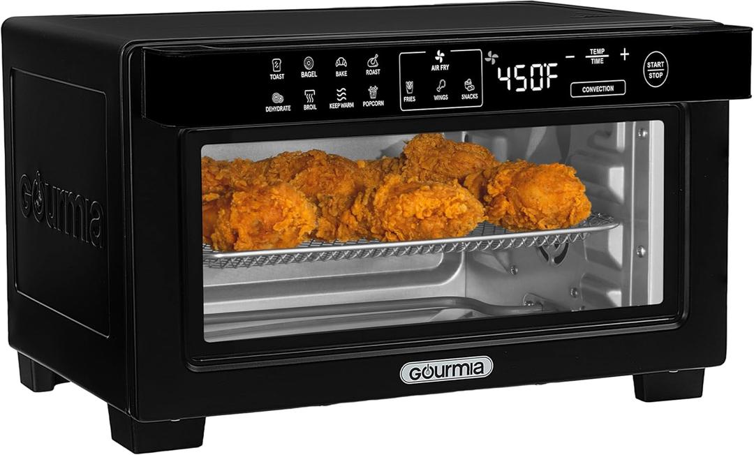 Gourmia Toaster Oven Digital Air Fryer - Convection Mode with 4 Slice Capacity, 3 Rack Positions, 12 Presets, Toast, Bagel, Bake, Roast, Broil, Dehydrate, Popcorn, Fits 9" Pizza, Black, Large