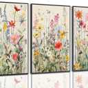 KISSFOX 3 Piece Watercolor Wildflower Botanical Framed Wall Art Colorful Floral Canvas Art Prints Boho Flower Pictures Wall Decor Modern Minimalism Paintings Artwork Girls Bedroom Living Room Bathroom (16"x24" Black Framed)