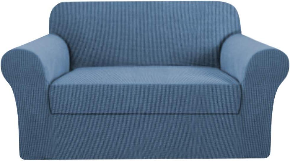 H.VERSAILTEX 2 Piece Loveseat Slipcovers 2 Cushions Loveseat Cover Furniture Cover/Protector with Elastic Bottom, Spandex Jacquard High Stretch Stylish Suit for T Cushion/Box Cushion- Dusty Blue