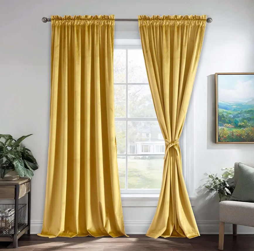 JIUZHEN Yellow Velvet Curtains for Bedroom Luxury Room Darkening Window Drapes for Office/Party/Gallery, Set of 2 Panels, 52 x 84 inches, Yellow