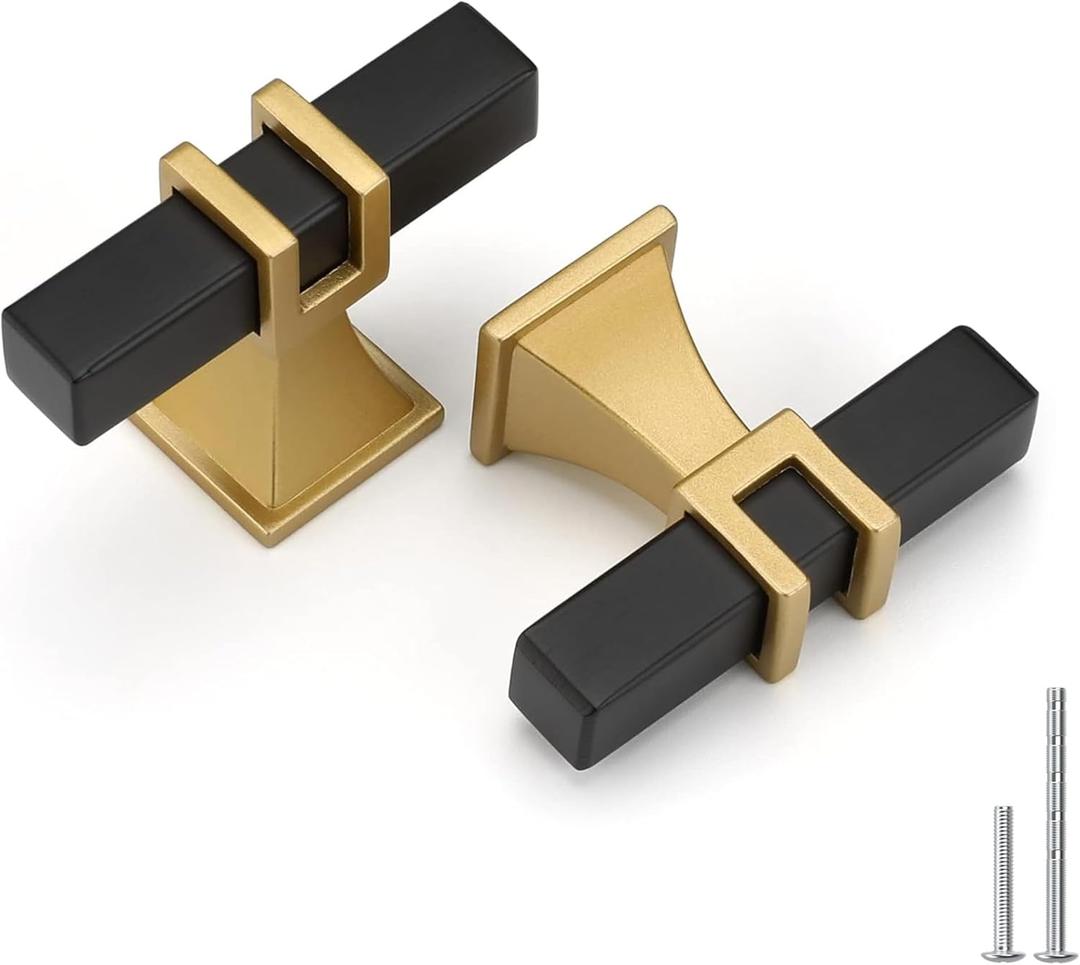 Haliwu 20 Pack Cabinet Knobs, Black&Gold Kitchen Dresser Drawer Handles, T-bar Hardware