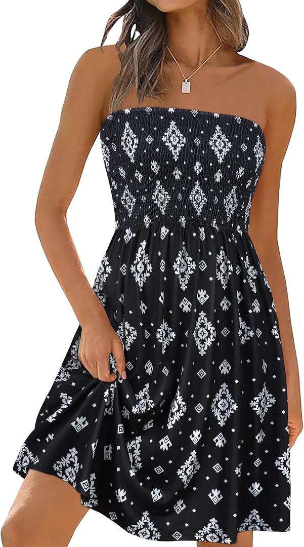 elescat Summer Dresses for Women 2026 Strapless Casual Beach Cover Ups Tube Top Sundress (Large, Black White Ice Flower)