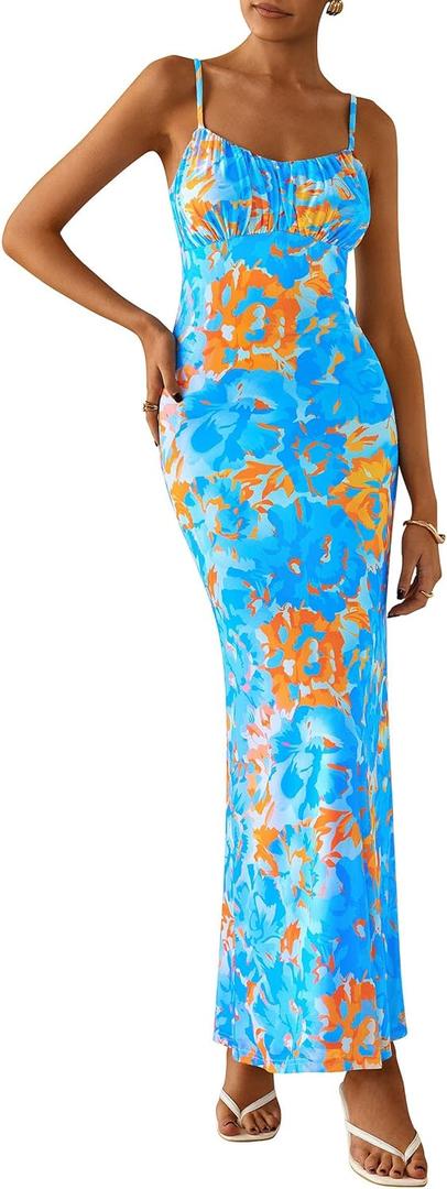 PRETTYGARDEN Women's Floral Bodycon Maxi Dress Summer Beach Sundress Sleeveless Spaghetti Strap Wedding Guest Dress (Blue, M)