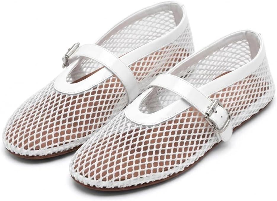 Women's Mesh Ballet Flats Buckle Strap Comfortable Ballerina Shoes Ladies Clear Fishnet Wide Width Flats for Women Slip-on Casual Dress Mary Jane Flats Fall 2025, Size 9