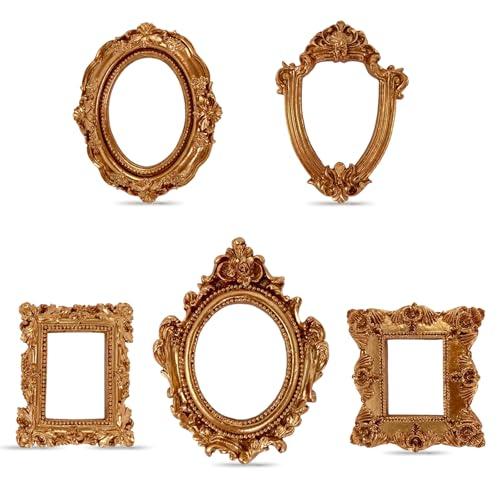 Plmmwd 5 Pieces Decor Small Gold Picture Frames Set Mini Photo Frame - Tiny Antique Frames Small Picture Frame Rectangle Wall Hanging for DIY Jewelry Display Photography Wall Decor