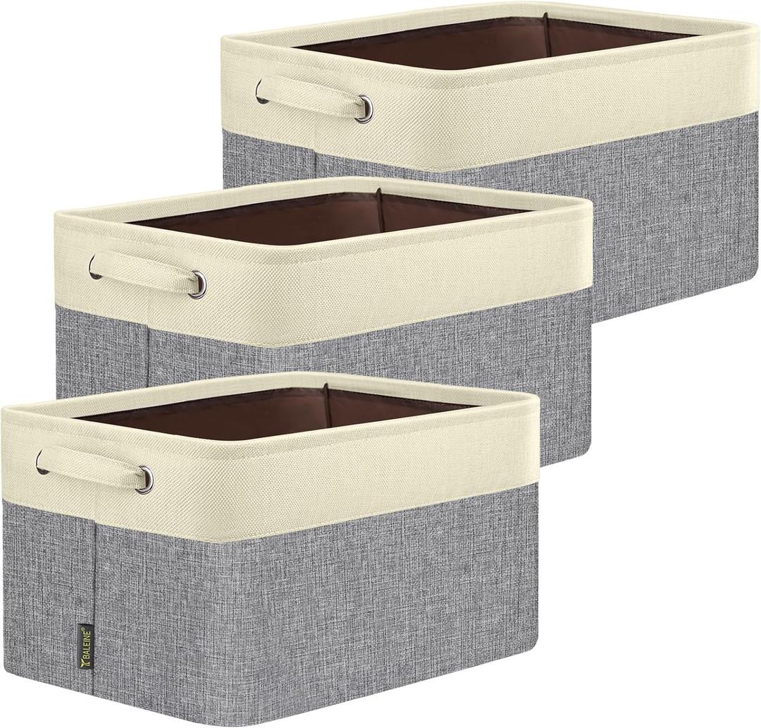 BALEINE 3 Pack Fabric Storage Bins for Shelves, Linen Storage Baskets for Organizing, Decorative Closet Bins for Clothes, Home (Grey, 15"x11"x9.5")