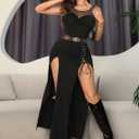GothDark Womens Sexy Bodycon High Slit Dress Mesh Detail Gothic Y2K Midi Dress Formal Club Party Outfit Halloween Dresses (Black, XL)
