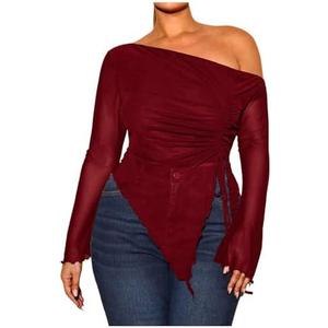 RoseSeek Women's Plus Size Sheer Mesh Off Shoulder Tops Long Sleeve Drawstring Asymmetrical Hem Ruched T Shirt, Red, 2XL