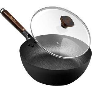 Frying Pan with Lid Skillet Nonstick 10 inch Carbon Steel Wok Pan Woks and Stir Fry Pans for Electric,Induction and Gas Stoves (Black)