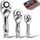 3-Piece Stubby Ratchet Set, 1/4", 3/8", 1/2", 72-Tooth Mini Driver Ratchet Wrench Set, Chrome-Plating & Polishing, Quick-Release, EVA Environmentally Organizer