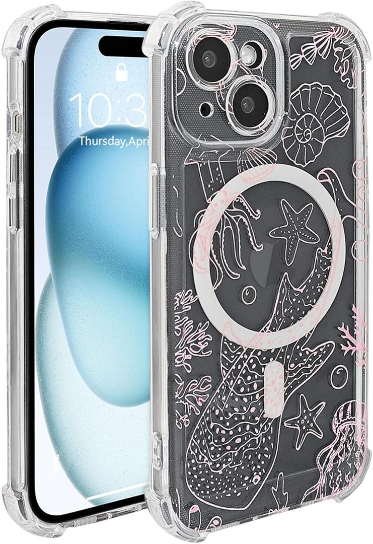 for iPhone 14 Case Clear Magnetic, Compatible with MagSafe, Ocean Marine Animals Pattern, Slim Shockproof Camera Lens Protection Phone Case for Women Men 6.1" - Pink