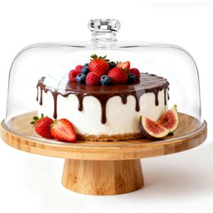 Masthome Bamboo Christmas Cake Stand with Lid, 6 in 1 Cake Holder with Lid, Multi-Functional Serving Platte, Dessert Display Stand and Charcuterie Board for Nuts, Chips & Dips, Fruit Platter