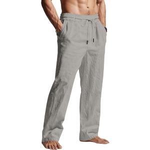 Men's Casual Linen Pants Elastic Waist Drawstring Summer Beach Lightweight Trouser with Pockets (3X-Large, Grey)