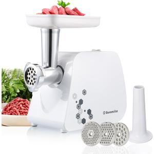 Sunmile Electric Meat Grinder and Sausage Maker - 1HP 1000W Max - Stainless Steel Cutting Blade and 3 Grinding Plates,1 Big Sausage Staff Maker, White