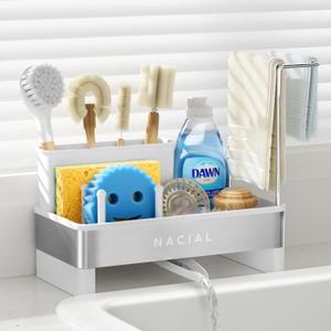 Nacial Sponge Holder for Kitchen Sink, Sink Caddy Organizer with High Brush Holder & Two Towel Racks - Rustproof 304 Stainless Steel Kitchen Countertop Storage Essentials - White