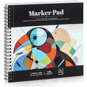 50 Sheets Marker Paper Pad, 7.6×7.6 Inch Bleedproof Art Sketch Pad, 73lb/120gsm Drawing Paper Spiral Sketch Book, Marker Paper Painting Coloring Paper for Beginners, Artists, Ideal Gift