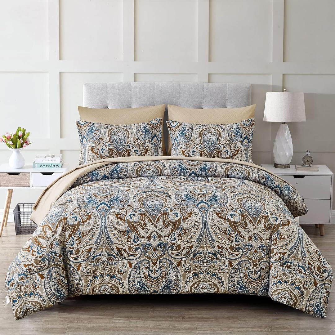 Drucon Brown Comforter Set King, 7 Pieces Bed in a Bag Comforter Boho Paisley Pattern Bedding Soft Microfiber King Size (1 Comforter, 1 Flat Sheet, 1 Fitted Sheet, 2 Pillow Shams, 2 Pillowcases)