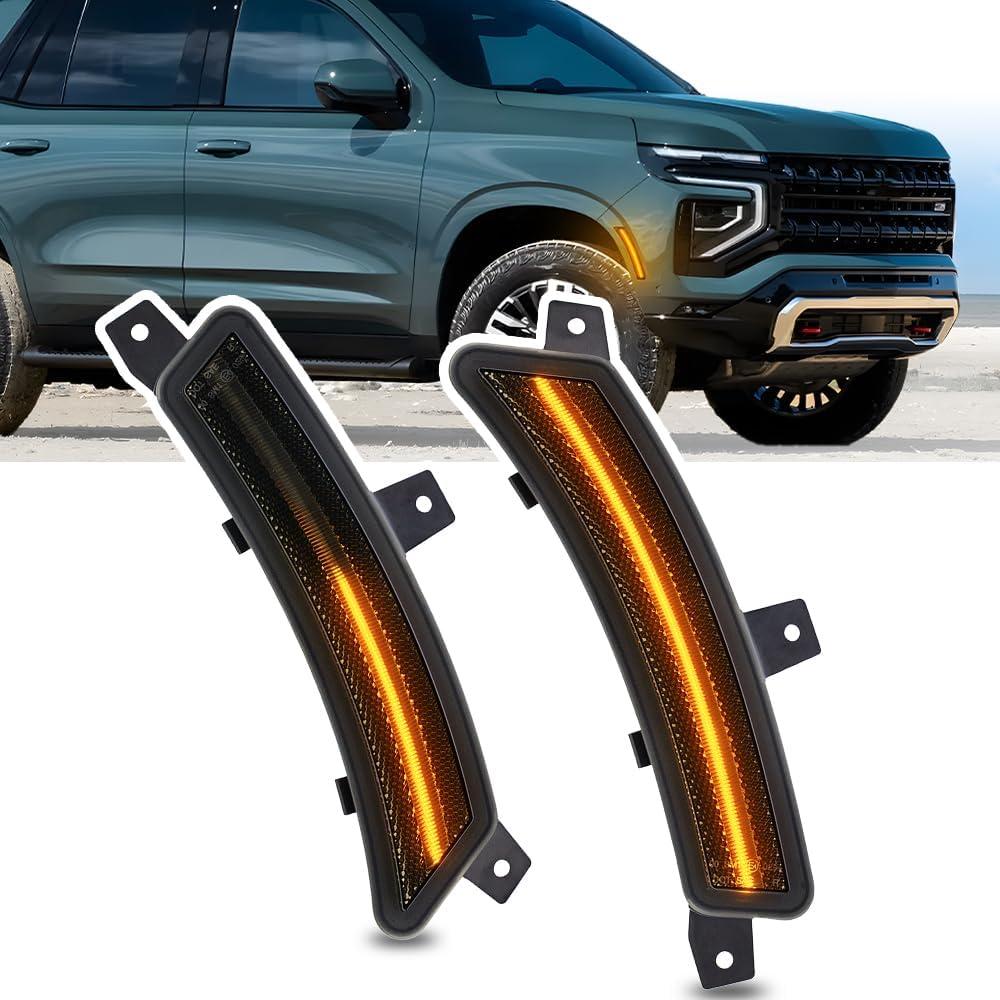 NJSBYL 2pcs Yukon LED Side Marker Light Fit 2025-2026+ Chevy Tahoe GMC Yukon XL Suburban Front Bumper Fender Sidemarker Lamp Amber Escalade ESV Full LED Turn Signal Light Kit Smoke Lens Assembly