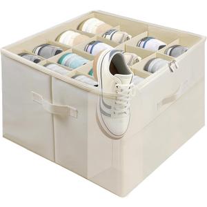Shoe Organizer for Closet, Foldable Shoe Storage Containers with Clear Cover, Reinforced Handles Fits 8-16 Pairs, Space Saving Stackable Design for Sneakers Sandals Slippers (White)
