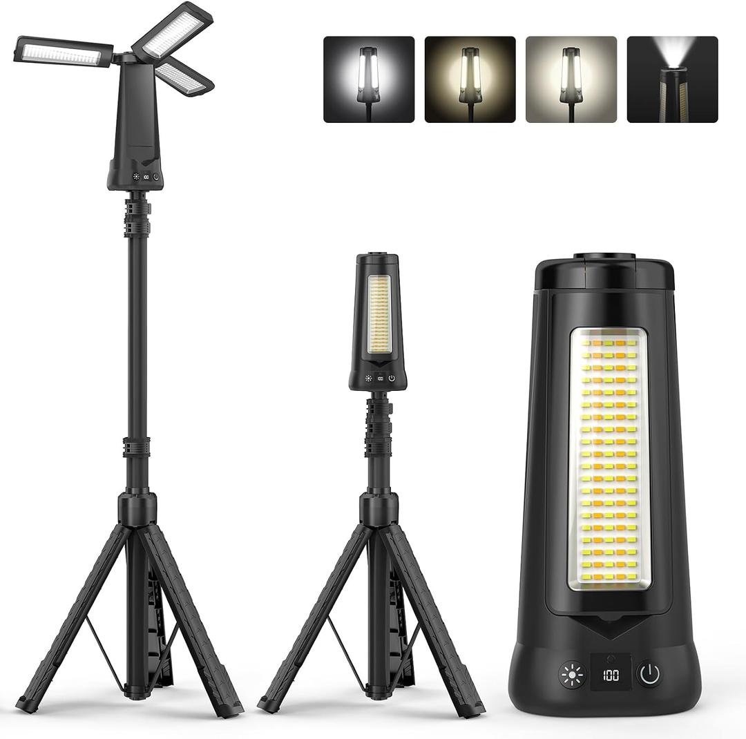 Rechargeable Camping Light with Stand 7 ft Max Height, 15000mAh Portable Cordless LED Work Light, 5500 Lumen 6500/4500/3500K Dimmable Emergency Flashlight with Detachable Tripod, Black