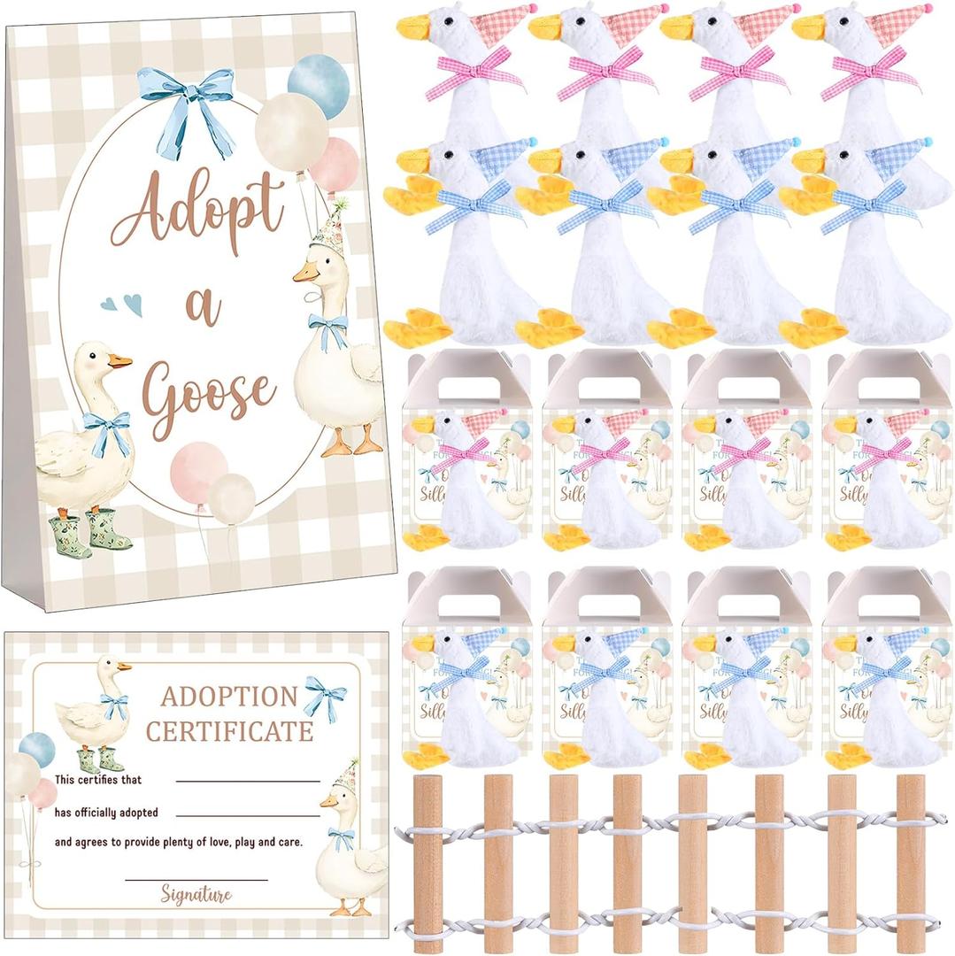 Blueweenly 20 Set Adopt A Puppy Favors 20 Small Stuffed Dogs Bulk with Kraft Paper Boxes Adoption Cards 1 White Fence and 1 Paper Sign for Adopt A Pet Party(Goose)