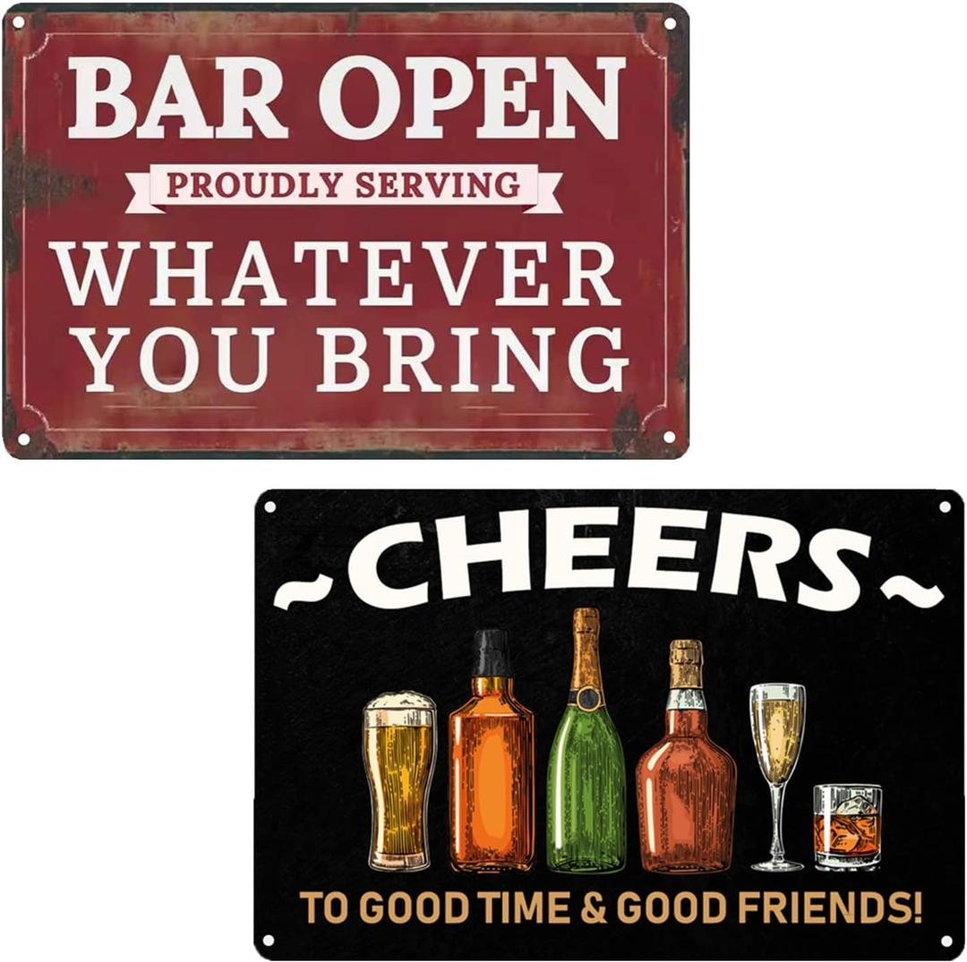 VSIIKO Bar Open and Cheers Funny Metal Tin Sign Home Bar Signs for Man Cave Coffee Small Vintage Wall Decor for Men 8x12 Inch2pcs