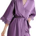 SIORO Women's Satin Robe Lace Silk Kimono Robes Short for Bridesmaid Wedding Party Nightgown Print2 Medium (Purple Haze)