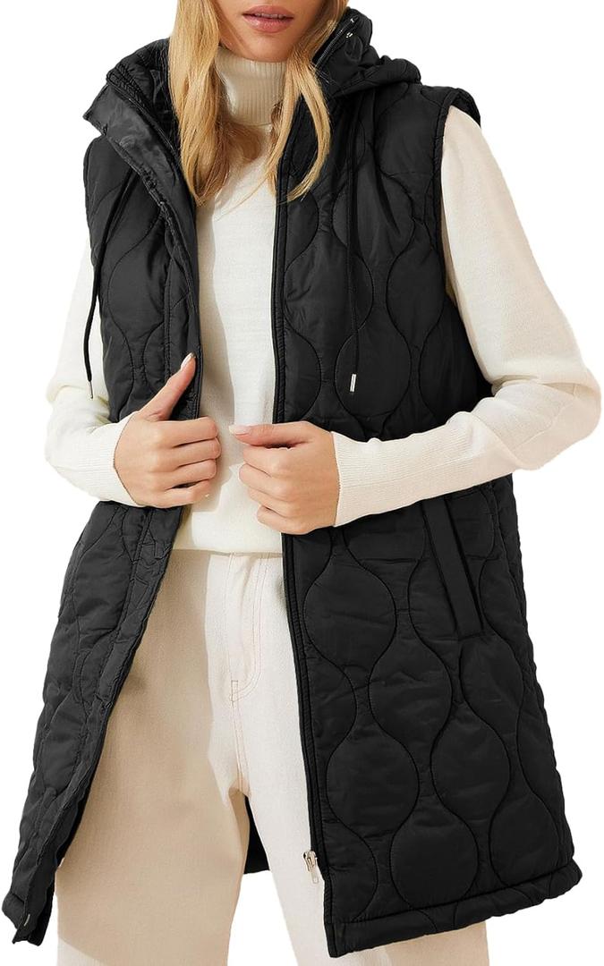 EVALESS Long Puffer Vest Women Sleeveless Hooded Puffer Jacket Lightweight Quilted Jackets Winter Warm Zip Up Coat Outerwear (X-Large, Black)