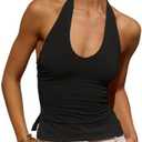 Tankaneo Women's Sexy Scoop Neck Halter Tops Backless Ruched Knit Tank Tops Summer Sleeveless Fitted Going Out Shirts, L