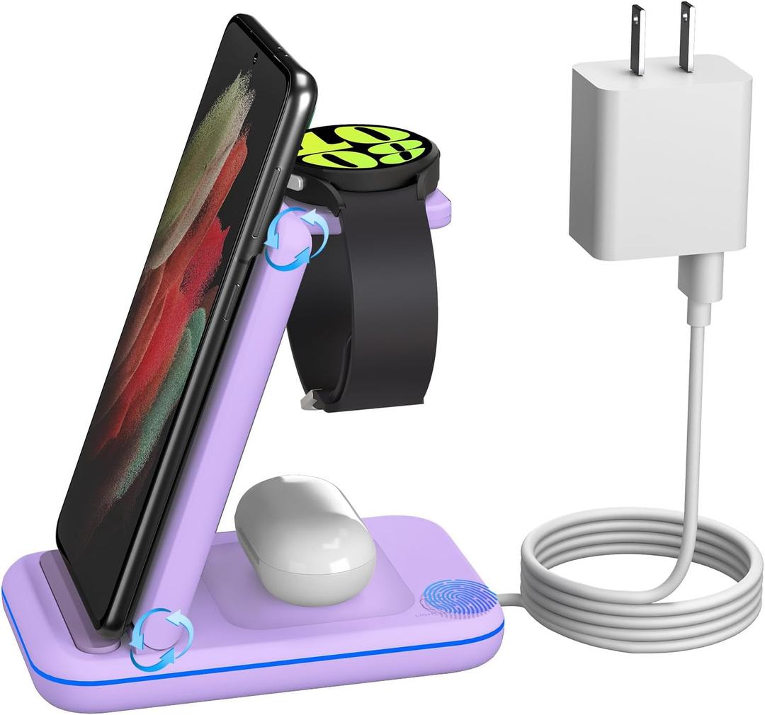 Multi Charger for Samsung, Foldable Charger ONLY for Galaxy Watch Ultra/7/6/5/4/3/Active 2, Travel 3 in 1 Fast Charging Station/Dock for Samsung S24/S23/S22/S21/S20/Note 20, for Buds 3/2 Pro(Violet)