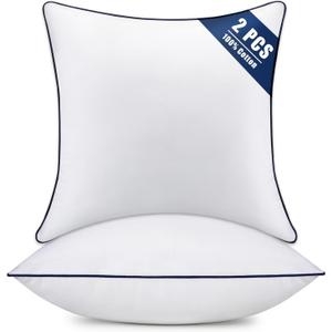 Throw Pillow Inserts Set of 2-Fluffy Square Cushions with 100% Cotton Covers-Decorative White Pillow Fillers for Sofa, Bed, Couch, Living Room, Indoor Hotel Pillows (14x14 Inch (Pack of 2)-Blue Edge)