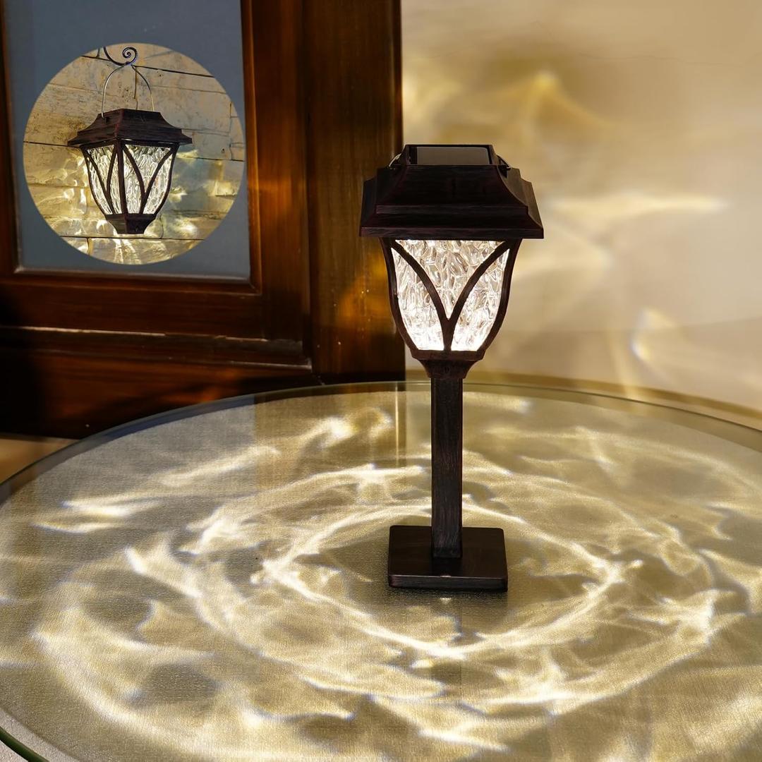 Solar Table Lanterns Outdoor Indoor 2PK, Hanging Solar Lantern with Non-Slip Bottom Design Outside, Waterproof Decorative LED Lamp with Metal Base for Yard, Garden, Trees (Brown)