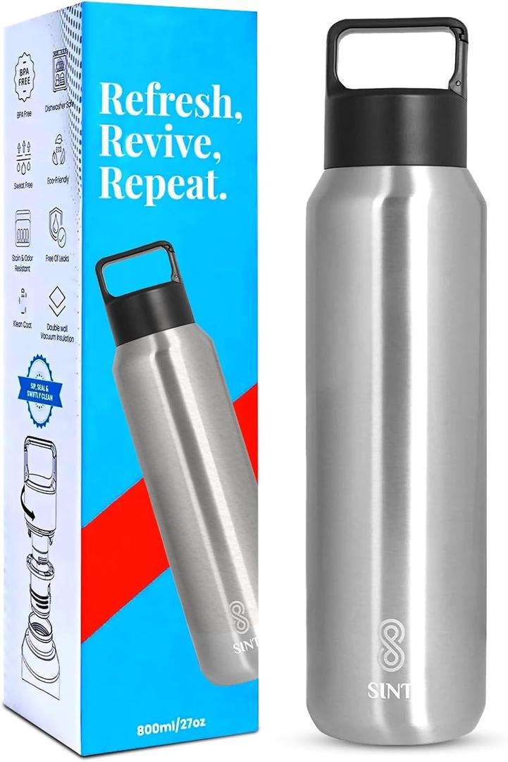 Sports Water Bottle Stainless Steel 27 Oz Leak Proof Gym & Sports Bottles for Men & Women Double Walled & Vacuum Insulated With Dishwasher Safe (SILVER)