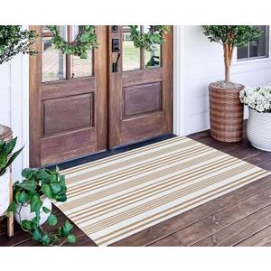 Khaki and White Striped Outdoor Rug 24'' x 51'' Front Porch Rug Hand-Woven Machine Washable Indoor/Layered Door Mats for Entryway/Bedroom