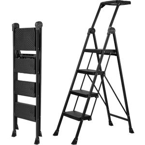 XinSunho 4 Step Ladder, Foldable Handrail & Tool Tray Stool Ladders with Anti-Slip Wide Pedal, 660 lbs Sturdy Steel Ladder for Home Kitchen and Outdoor (Black)