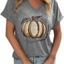 Womens Fall Pumpkin Shirt Cute Ghost Spooky Short Sleeve Salem Witch T-Shirts Halloween Skeleton Graphic Tees (Gray, M)