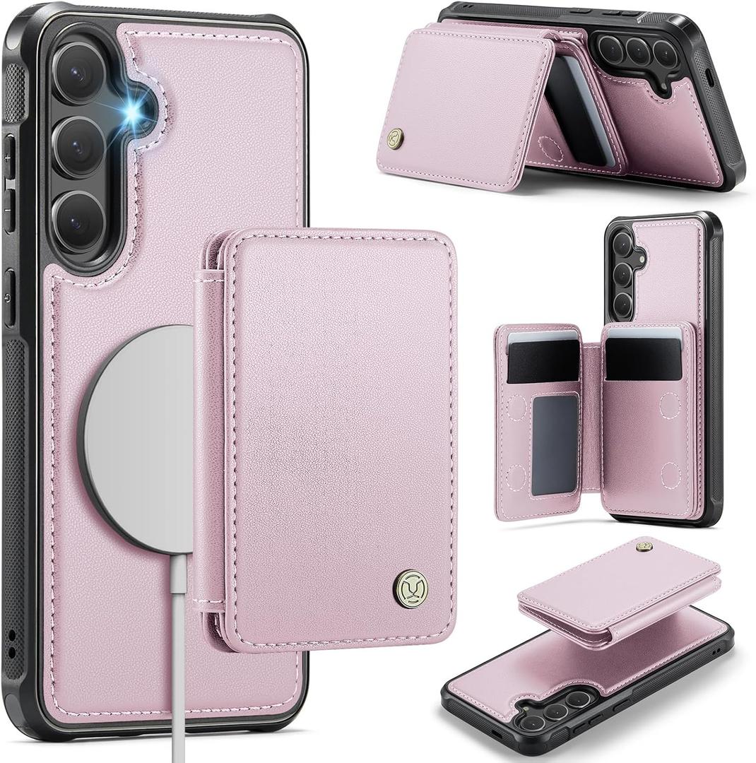Compatible with Magsafe for Samsung Galaxy S25 Plus Wallet Case Magnetic Card Holder, RFID Blocking 2 in 1 Detachable Kickstand Shockproof Case for Women Men, Pink