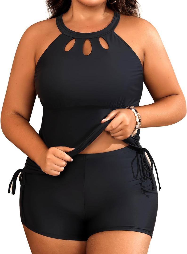 Aqua Eve Women Two Piece Plus Size Swimsuit High Neck Tankini Set Tummy Control Bathing Suit with Shorts (Black-14w)
