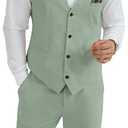 HUEZOE Mens Linen Suit Short Suits for Men 2 Piece Slim Fit Outfit for Summer Beach Wedding Sage Green Linen Vest Shorts Set 4X-Large