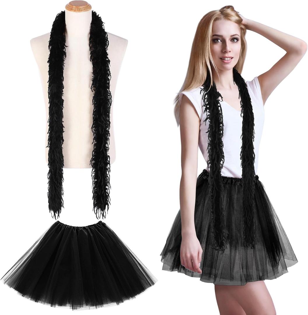 2 x Halloween Costume Set 6.6ft Feather Boas and Tutu Skirts for Women Girls Adult Halloween Cosplay Dancing Party (Black)