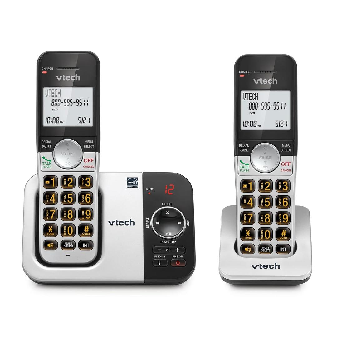 VTech VG232-2 Cordless Phone with Answering Machine - 2 Handsets, Large Backlit Display, Big Buttons, Full-Duplex Speakerphone, Caller ID, 14-Min Digital Answering System, Easy Setup - Silver/Black