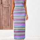 PRETTYGARDEN Womens Maxi Tank Spring Dress Sleeveless Crew Neck Striped Side Slit Casual Long Bodycon Dresses (Blue, L)