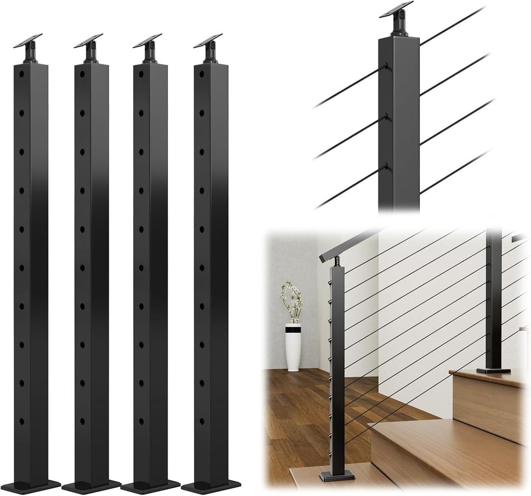 Muzata 4Pack Black Stair Cable Railing Post 36 Inch for 25-35 Degrees Stair 36"x2"x2" Surface Mount T304 Stainless Steel Cable Railing System Kit Indoor Outdoor with Paper User Guide PS01 BA4S